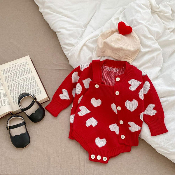 Winter/Autumn Baby Knitted Heart Romper + Coat Wholesale Girls Clothes