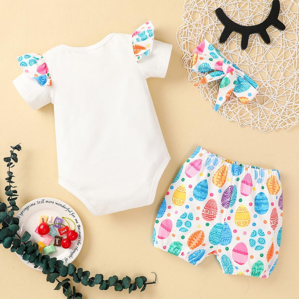 Baby Girls Short Set Easter Ruffle Letter Printed Bodysuit Colorful-egg Shorts Wholesale Baby Clothes In Bulk