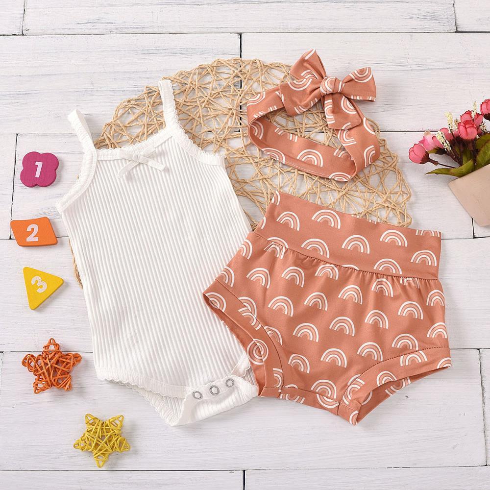 Newborn Baby Summer White Suspender Top + Rainbow Print Triangle Shorts + Headband Three-piece Set Wholesale Baby Clothes