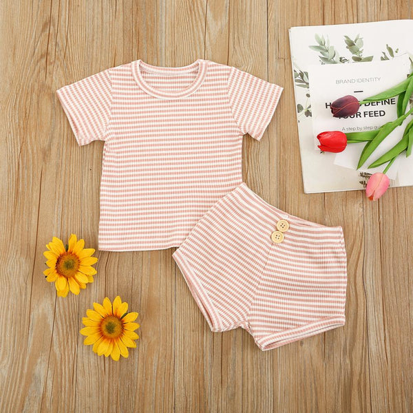 Summer Solid Color Pit Strip Short-sleeved Striped Top + Shorts Set Wholesale Kids Clothes