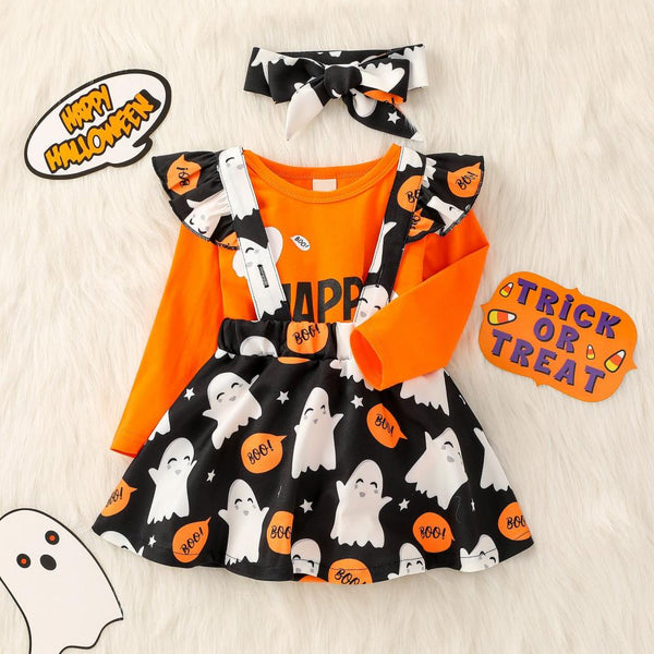 Halloween Spring and Autumn Letter Ghost Romper Printed Pumpkin Strap Skirt Three-piece Suit Wholesale Baby Clothes