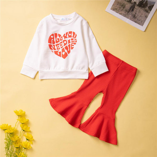 Spring New Girls Valentine's Day Cute Print Set Children's Vests Red Bell Bottoms Wholesale Girls Clothes