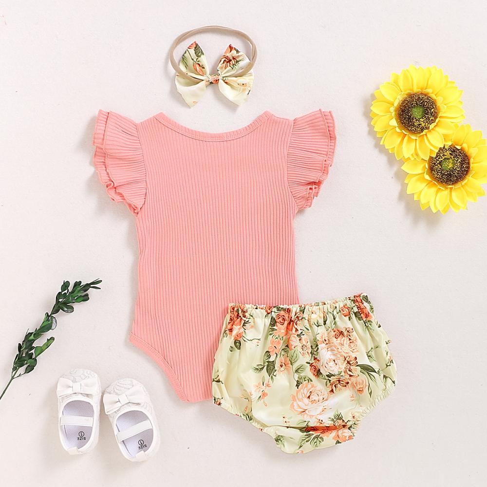 Baby Girls Summer Solid Color Fly-sleeve Short-sleeve Top Printed Triangle Shorts And Headband Three-piece Set Wholesale Baby Clothes