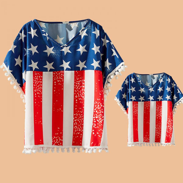 Spring and Summer New Products Independence Day Flag Print Parent-Child T-Shirt Loose Hair Ball Mother And Daughter Top Wholesale Mommy And Me Clothing
