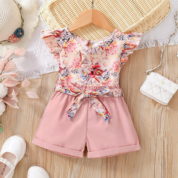 Girls Summer Floral Top Solid Color Shorts Set Wholesale Kids Clothes In Bulk
