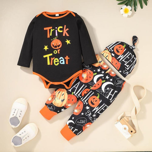 Autumn/Winter Halloween Boys Printed Long Sleeve Pants + Hat Three Piece Set Baby Clothes Wholesale