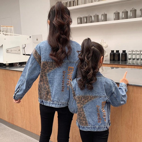 Parent-child Denim Jacket Leopard Outwear Mommy And Me Outfits Wholesale