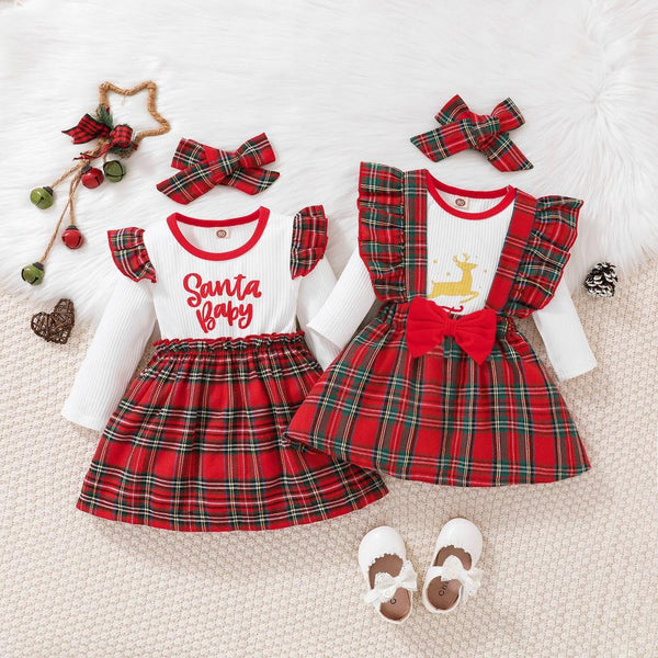 Christmas Baby Letter Print Plaid Dress Wholesale Girls Clothes