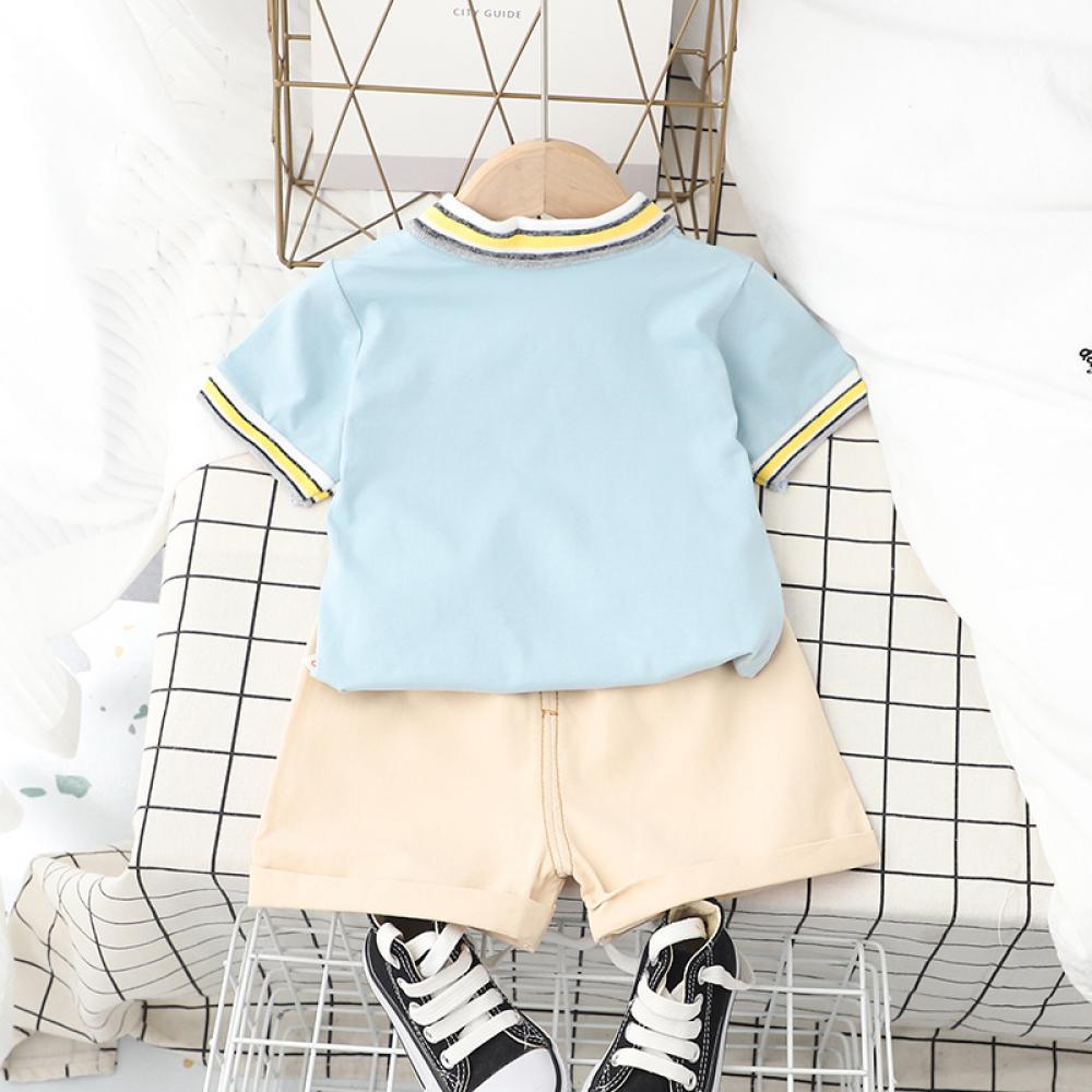 Toddler Boys And Girls Summer Bear Printed Lapel Top and Shorts Set Casual Boy Clothes Wholesale