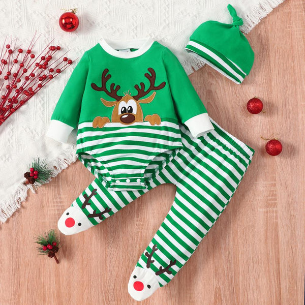 Christmas Baby Elk Stripe Romper + Pants + Hat Set Wholesale Baby Clothes