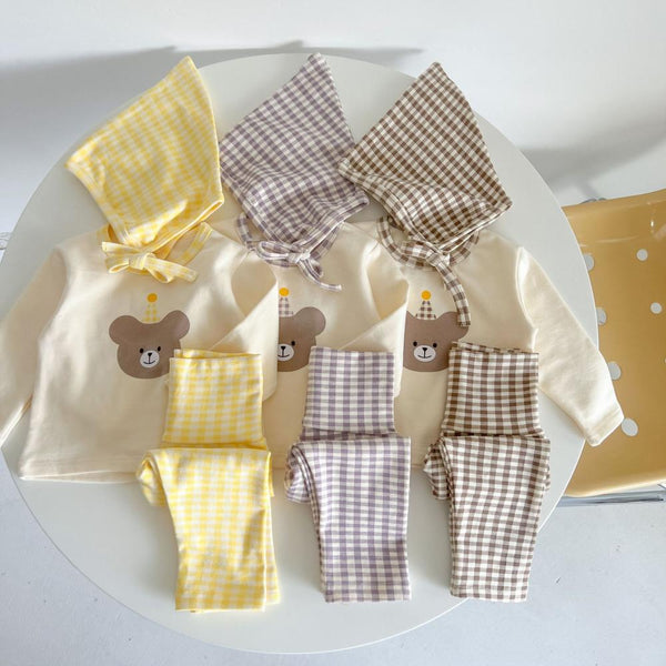 Baby Autumn Bear Long-sleeved Shirt Plaid Trousers Three-piece Set Wholesale Baby Clothes