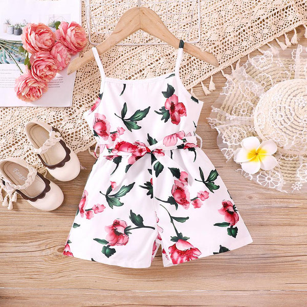 Girls' Summer Sling Flower Printed Jumpsuit Wholesale Girls Clothes