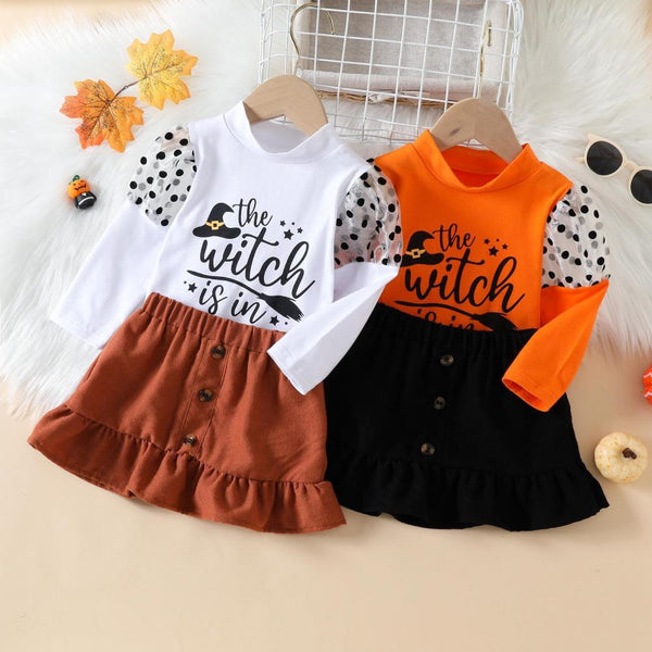 Spring and Autumn Western-style Girl Long Sleeve Dot Hip Corduroy Skirt Set Wholesale Girls Clothes