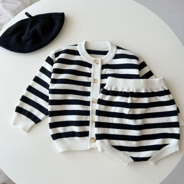 Baby Sweater Autumn and Winter Striped Knitted Wool Cardigan Shorts Set Wholesale Baby Clothes