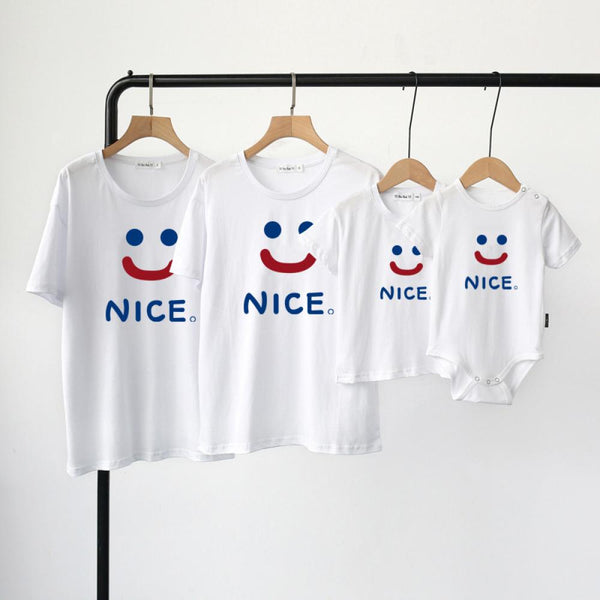 Parent-child Summer Smile Face Printed T-shirt Romper Family Outfits Wholesale Mommy And Me Clothing