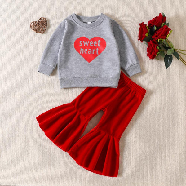 Valentine's Day Letter Love Shirt Velvet Bell Bottoms For Girls Two-piece Set Wholesale Girls Clothes