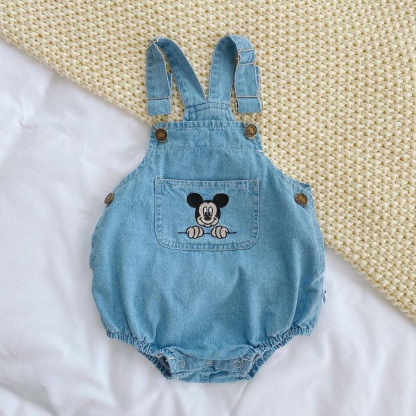 Neutral Baby Boys Denim Romper Summer Sleeveless Mickey Printed Jumpsuit Baby Boys Clothing Wholesale