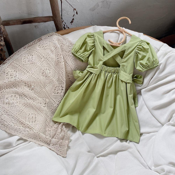 Girls Summer Solid Green Puff-sleeve Princess Dress Wholesale Girl Clothing