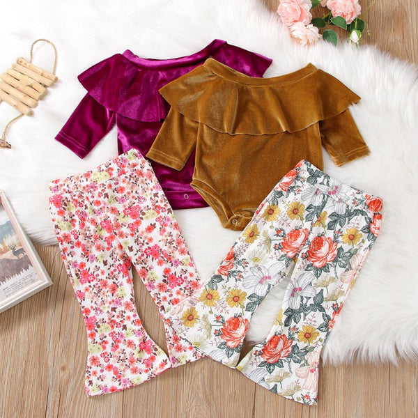 Fly-Sleeve Fleece Romper Floral Flared Pants Set Wholesale Baby Girl Clothes