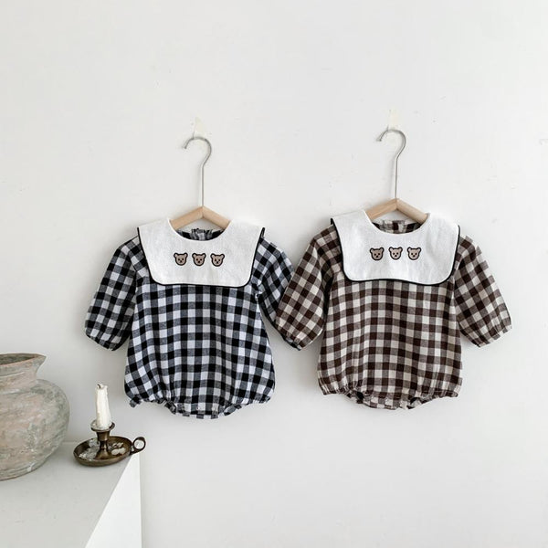 Unisex Spring and Autumn Baby Bear Plaid Romper Wholesale Baby Clothes