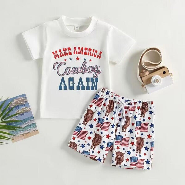 Independence Day Boys' Summer Set Letter Short Sleeve T-shirt+Cow Head Star Shorts Baby Wholesales