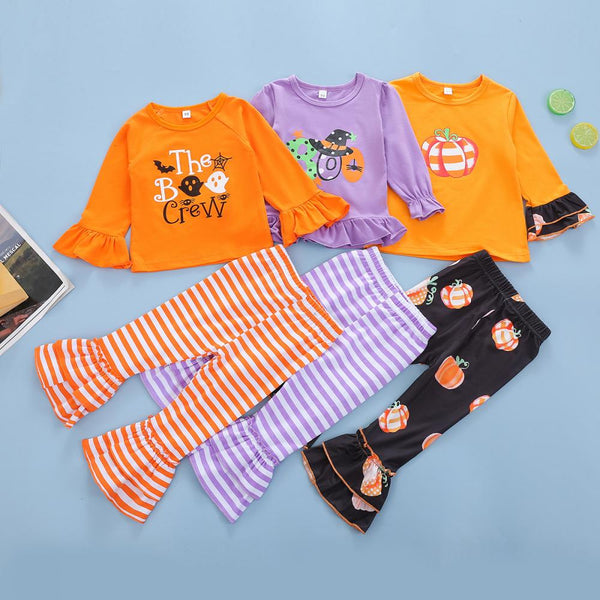 Wholesale Girls Clothes Halloween Cartoon Top Striped Flared Pants Set