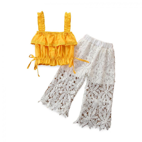Children's Clothing Girls Sweet Suit Yellow Sling T + Jacquard Lace Pants Suit Wholesale