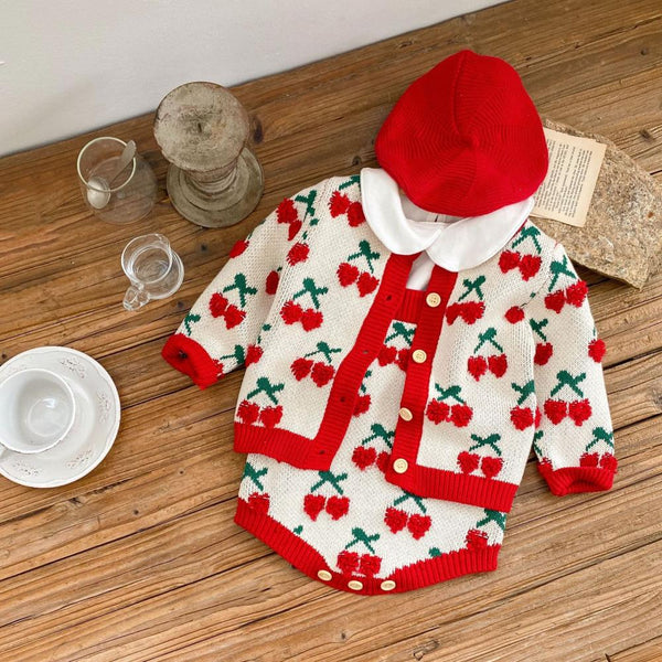 Autumn and Winter Suit 0-2T Baby Girl Cherry Embroidered Top + Coat Wholesale Girls Clothes