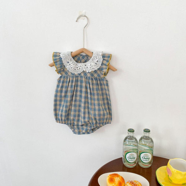 Baby Girls Summer Plaid Lace Collar 100% Organic Cotton Romper Wholesale Baby Clothes Usa