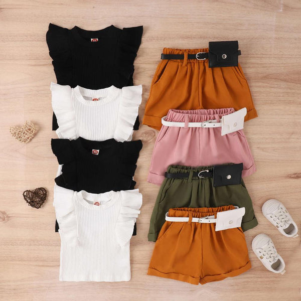 Summer Cotton Pit Strip Flying Sleeve Jacket Solid Color Shorts With Waist Pack Girls Suit Wholesale