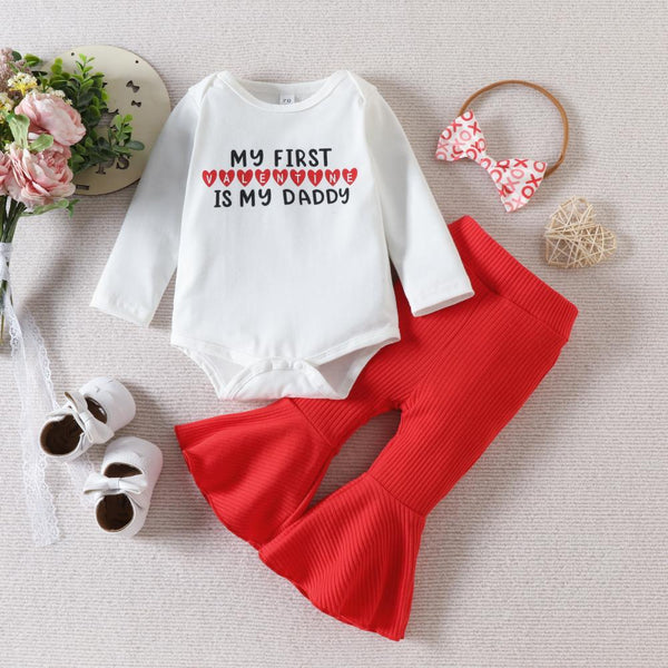 Western-style Baby Girl Valentine's Day Letter Print Romper + Flared Pants Set Wholesale Baby Clothes