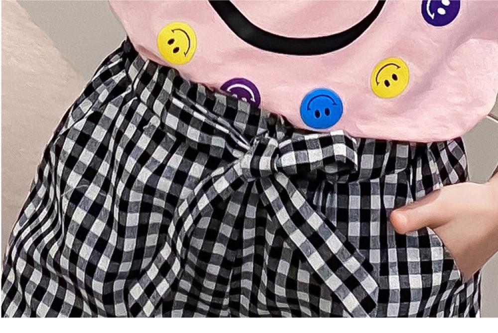 Toddler Girls Summer Casual Fashion Comfortable Suit Smiley Print Short Sleeve T-Shirt And Plaid Shorts Two-piece Set Wholesale Kids Clothing