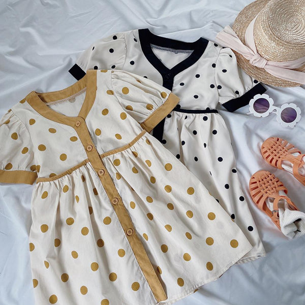 Girls Summer Puff-sleeve Polka Dot Dress Girls Wholesale Dresses