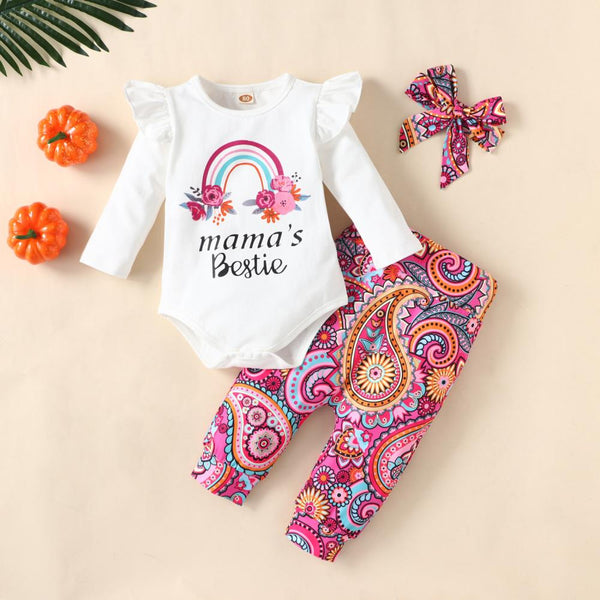Infant Autumn Long Sleeve Romper +Trousers + Hairband Three Piece Set Wholesale Kids Clothes