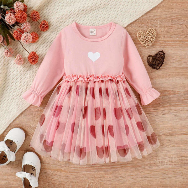Girls Fashion Spring And Autumn New Valentine's Day Love Mesh Cute Princess Children's Dress Wholesale