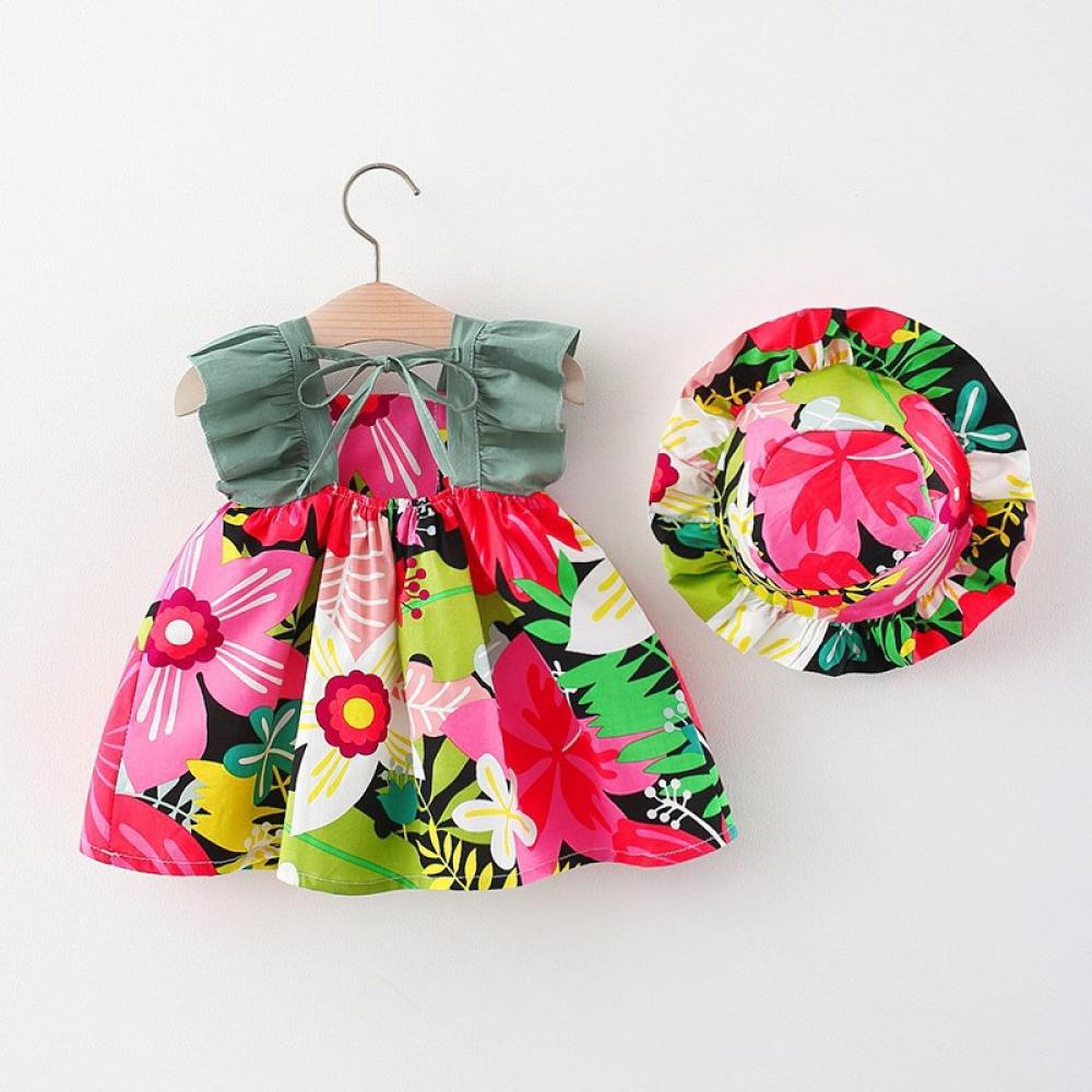 Baby Girls Summer Dress Backless Flower Printed With Hat Wholesale Little Girl Dresses