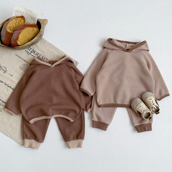 Autumn Baby Boys And Girls Waffle Hooded Top + Pants Set Wholesale Baby Clothes