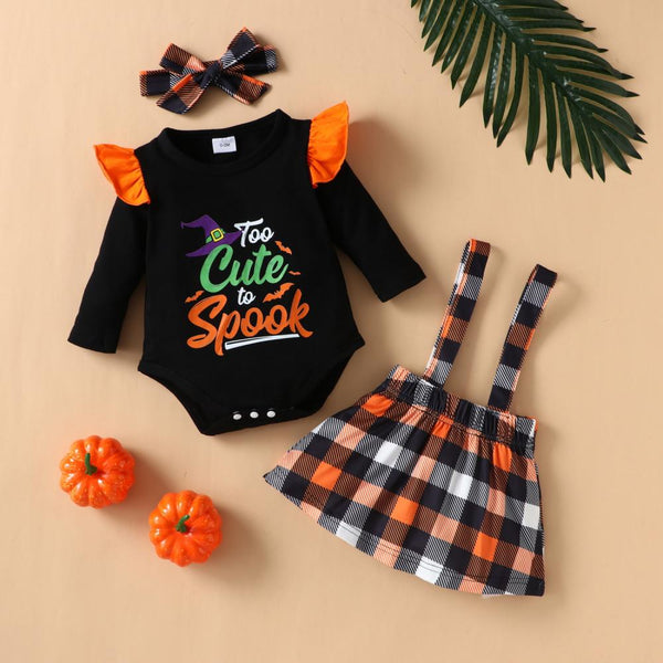 Long Sleeve Halloween Plaid Skirt Two Piece Set Wholesale Baby Clothes