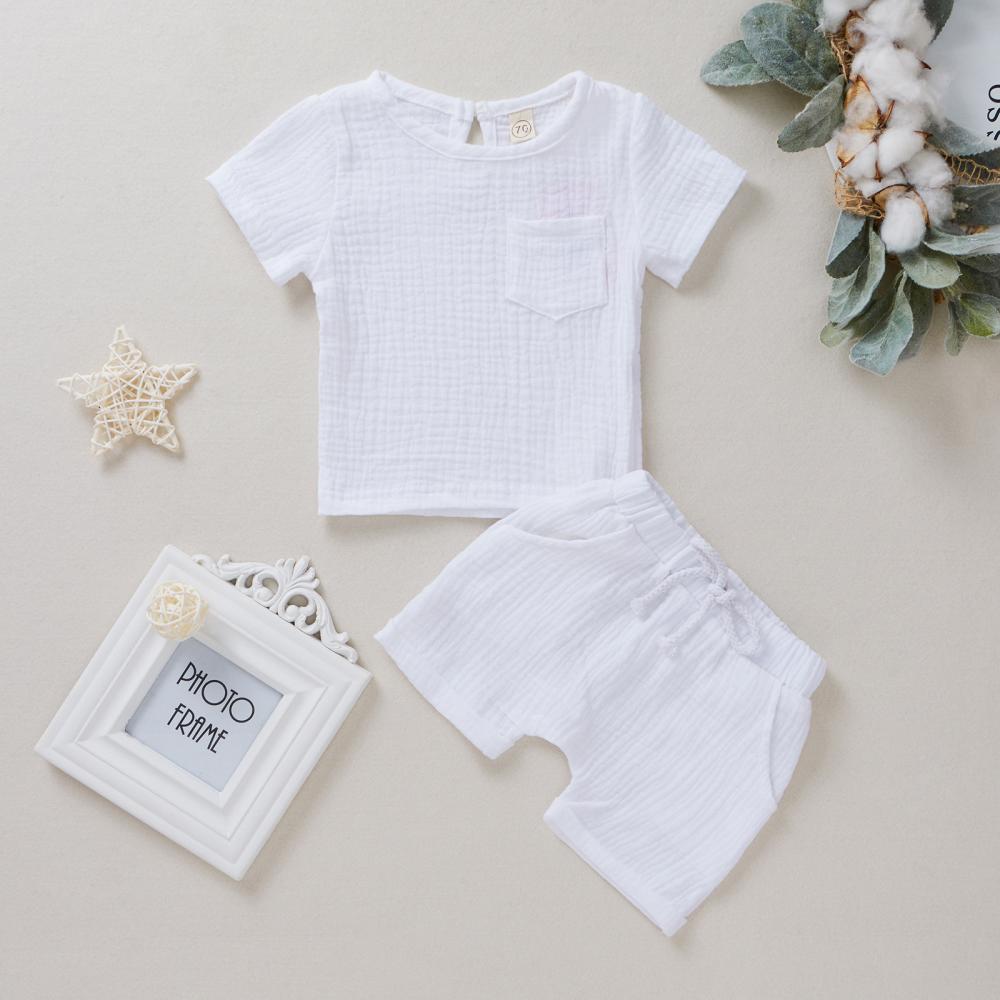 0~4T Children's Clothing Infant Boys Summer Clothing Solid Color Crepe Short Sleeve Shorts Set Wholesale Baby Clothes