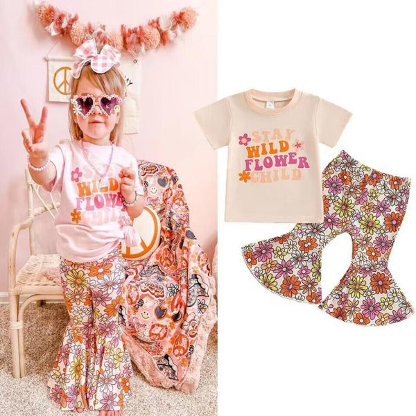 Summer Girls Letter Short Sleeve T-shirt Flared Pants Two-piece Set Wholesale Girls Clothes