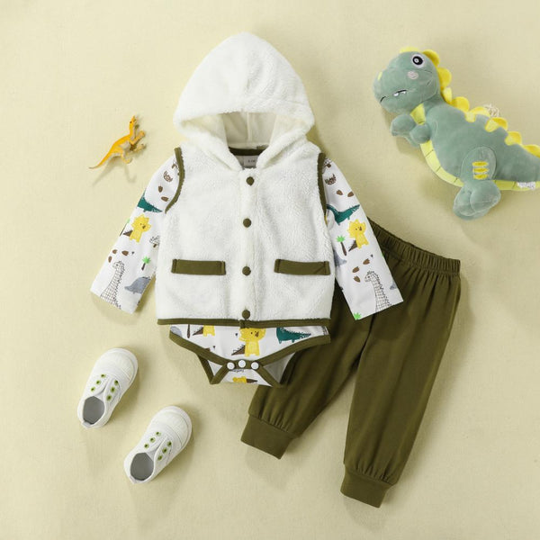 Autumn Baby Boy Hooded Vest + Romper + Pants Set Wholesale Boys Clothes