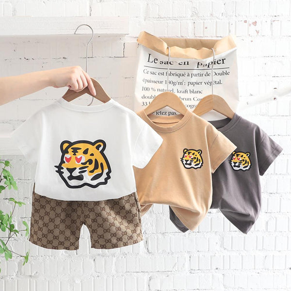 1-4T Boys Summer Tiger T-shirt And Plaid Shorts Set Baby Boy Clothes Wholesale