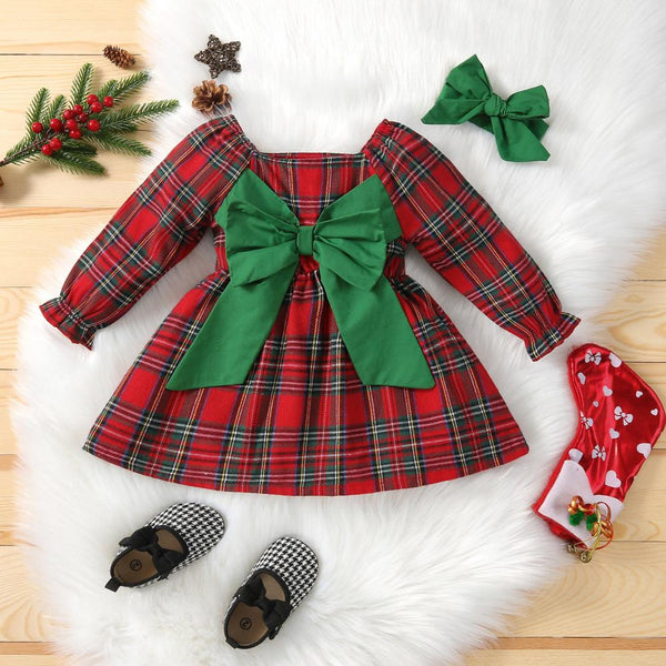 Christmas Girls Autumn and Winter Princess Bow Plaid Dress Wholesale Girls Dress