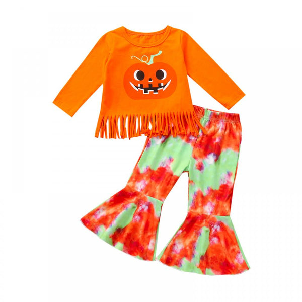 Halloween Girls Pumpkin Print Fringe T-shirt Tie-dye Bell Bottom Pants Set Wholesale Baby Girl Clothes