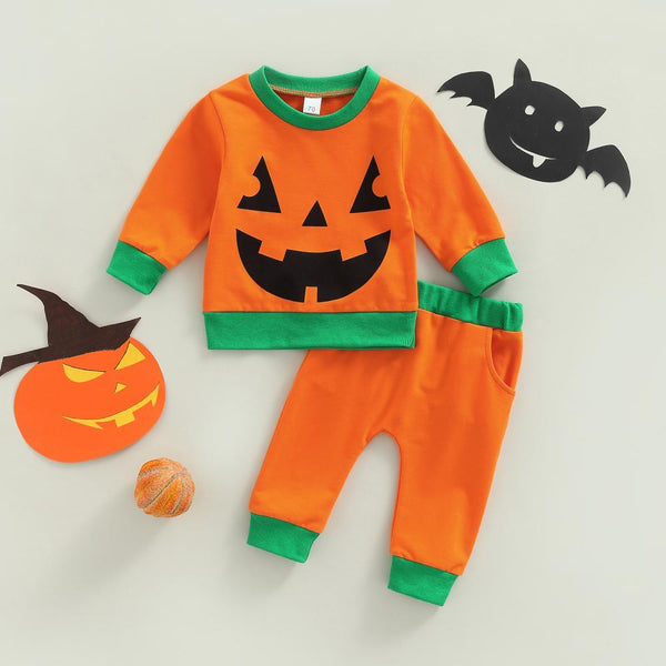 Halloween Autumn Baby Cartoon Pumpkin Print Orange Sweater Pants Set Wholesale Baby Children Clothes