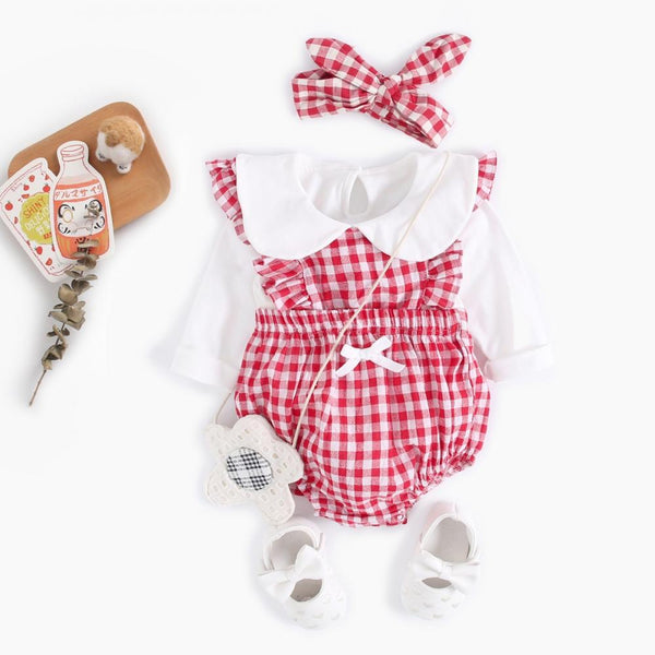 Newborn Girls Solid White Top and Plaid Romper Baby Wholesales