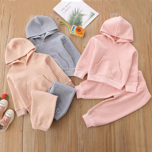 Autumn Girls Waffle Long Sleeve Hooded Suit Wholesale Girls Clothes