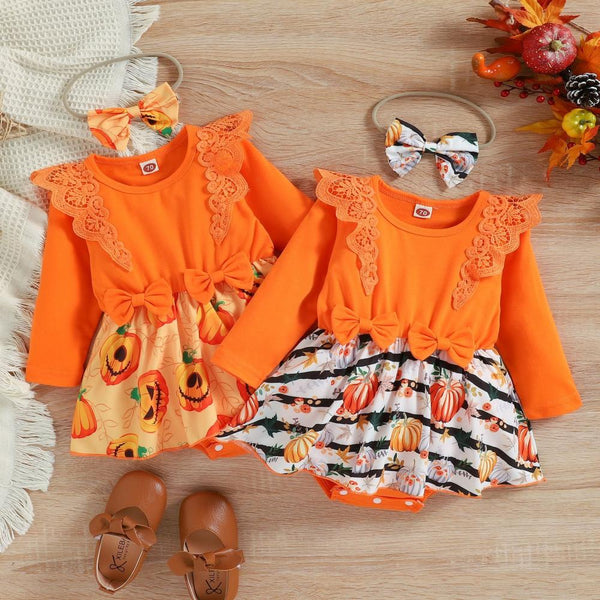 Baby Girl Halloween Autumn Lace Pumpkin Striped Romper Wholesale Baby Clothes