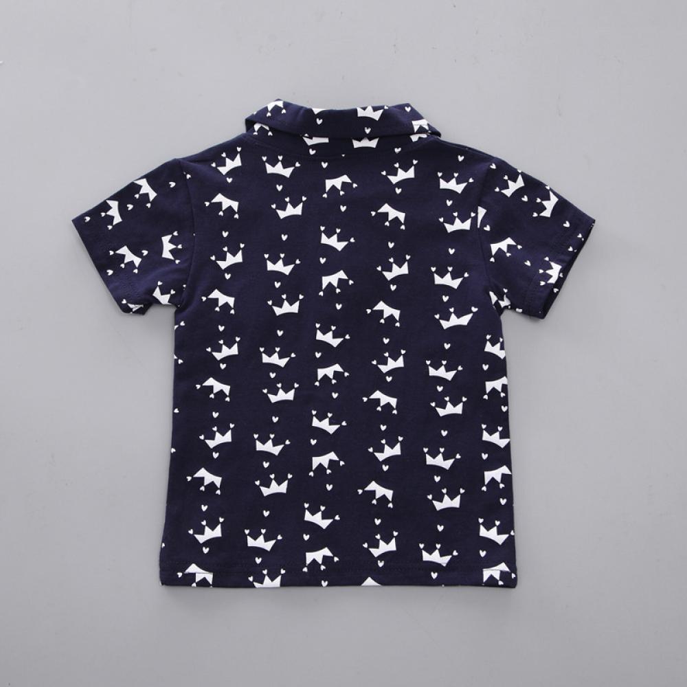 Toddler Boys Summer Set Crown Printing T-shirt And Navy Blue Shorts Wholesale Kids Clothing