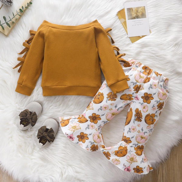 Infant Children's Suit Solid Color Pit Strip Bow Top Printed Flared Pants Set Wholesale Boutique Girls Clothing
